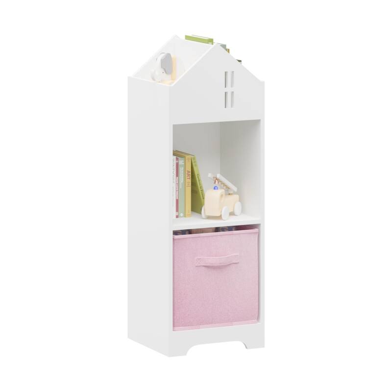 2-Tier Storage Display Kids Dollhouse Bookcase, Toddler Bookshelf with Collapsible Fabric Drawers for Bedroom or Playroom