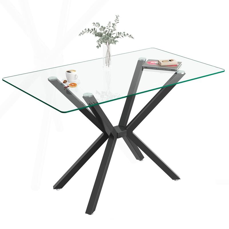 Stylish Rectangular Tempered Glass Dining Table with Sturdy Metal Legs for Dining Room
