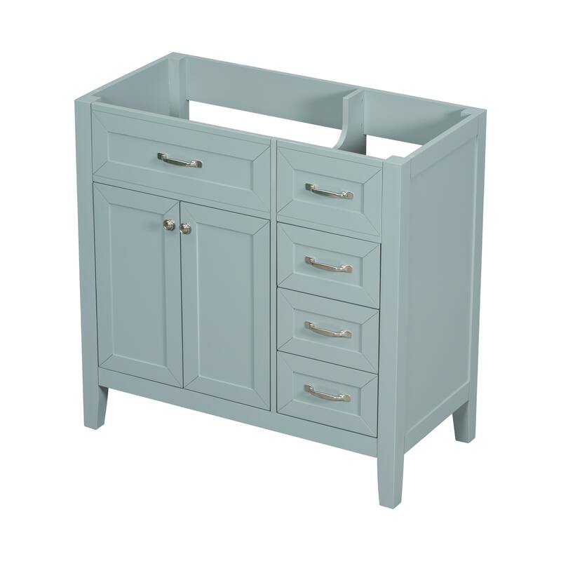 36" Modern White Bathroom Vanity Cabinet Base, 2 Doors & 3 Drawers, Solid Rubber Wood & MDF