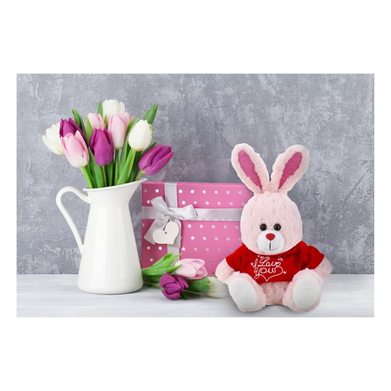 DolliBu I LOVE YOU Rose Gold Bunny Plush Animal with Red Shirt - 8 inches