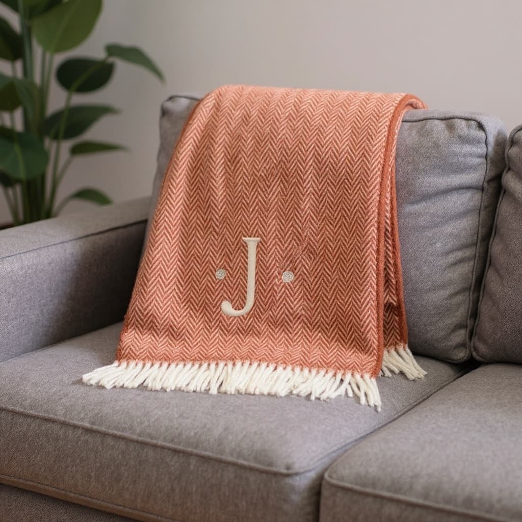 HomeRoots 55" X 70" Terra Cotta And White Herringbone Cotton Blend J Throw Blanket with Tassels And Embroidery