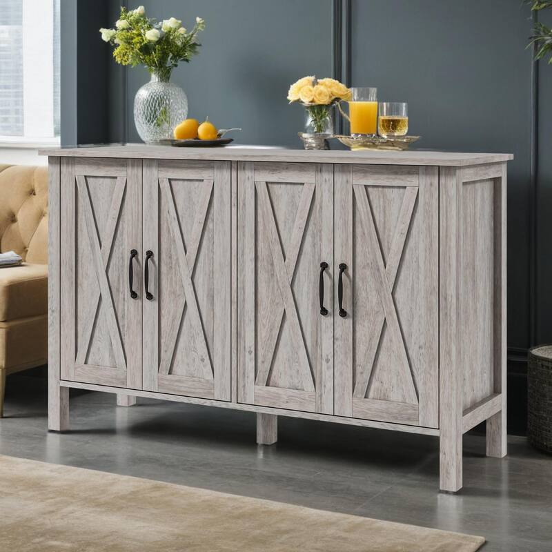 47" Sideboard with 4 Barn Doors and 2 Adjustable Shelves, Farmhouse Coffee Bar Cabinet, Gray Wood Grain