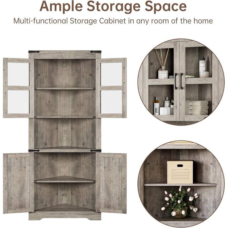 Tall Farmhouse Corner Cabinet with Glass Door & Adjustable Shelves, Space-Saving Storage for Kitchen or Bathroom