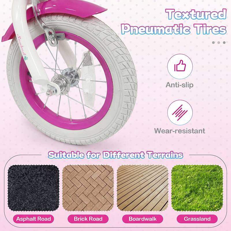 Gymax 12'' Kids Bike w/Training Wheels Hand Coaster Brakes Adjustable - Rose Red