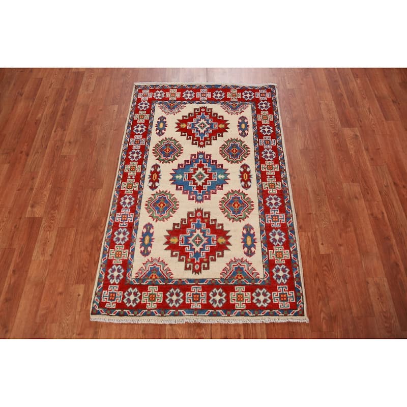 Ivory Kazak Foyer Rug Hand-Knotted Geometric Wool Carpet - 2'8"x 4'2"