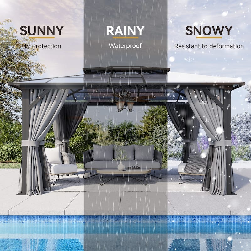 Hardtop Gazebo, Aluminum Frame Permanent Pavilion with Curtains and Netting