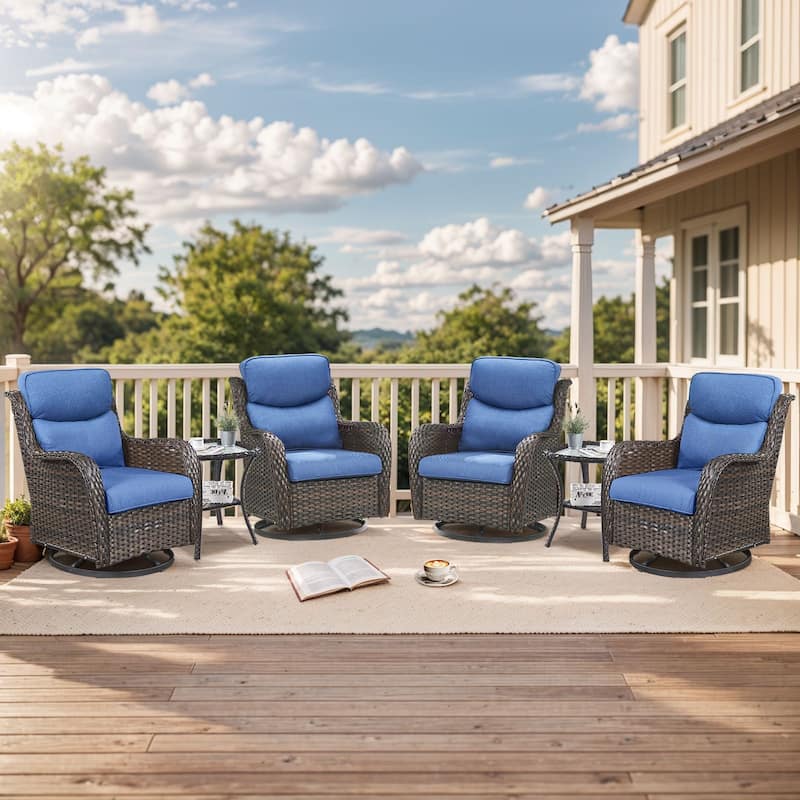 Outdoor Gliders Swivel Chairs Patio Chairs with 5-Inch Thick Cushions - Brown Rattan - Blue Cushion - 6PCS Glider Chairs with Table