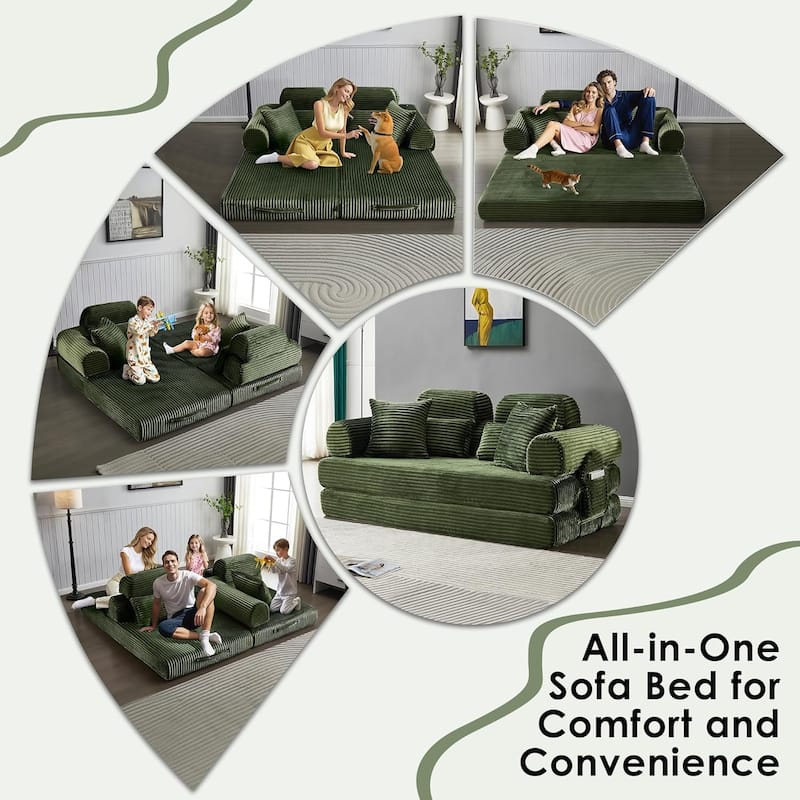 Convertible Sleeper Sofa Bed, 78.5" Corduroy Foldable Loveseat Sofa, King Size Floor Mattress Couch, No Assembly Required