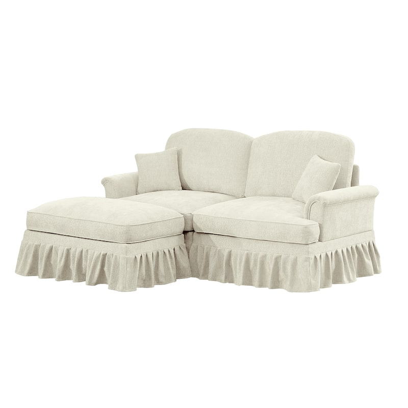 76.4" L Shaped 2-Seat Sectional Sofa, Chenille Couch with Ottoman, Flared Arms Loveseat with Removable Ruffles Pleats Skirts