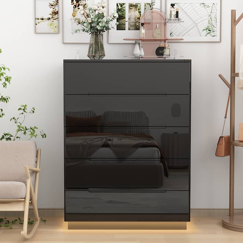 Wood 5 Drawer Chest Bedroom Dresser in White High Gloss With Light