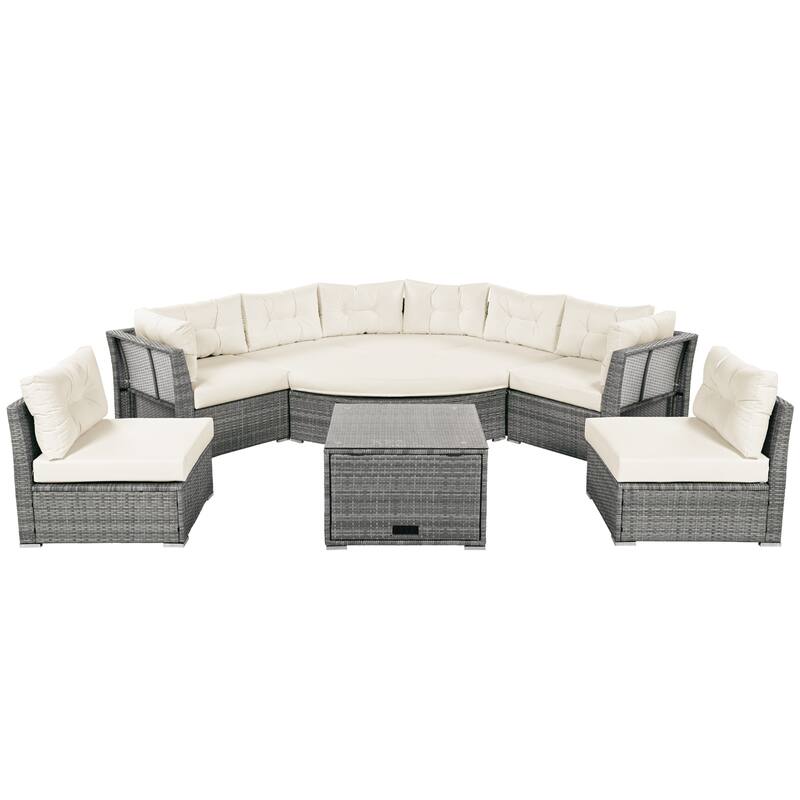 Outdoor Furniture Daybed Rattan Sectional Furniture Set Patio Seating Group With Cushions and Center Table.