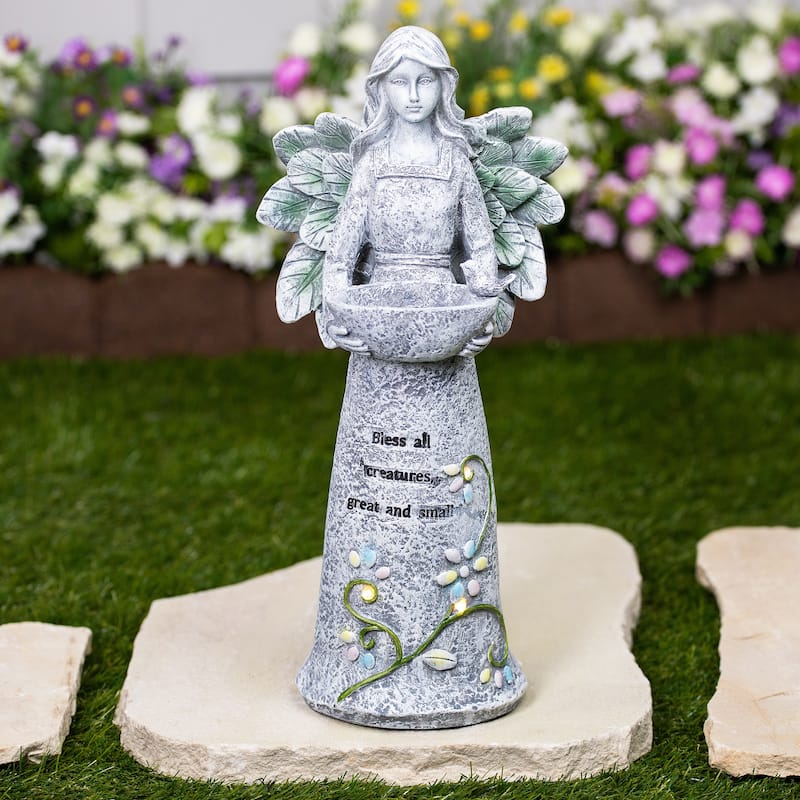 LED Solar Lighted Bless All Creatures Outdoor Garden Birdbath - 16"
