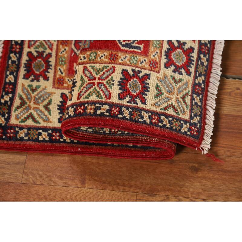 Red Geometric Kazak Accent Rug Handmade Traditional Wool Carpet - 2'0" x 3'0"