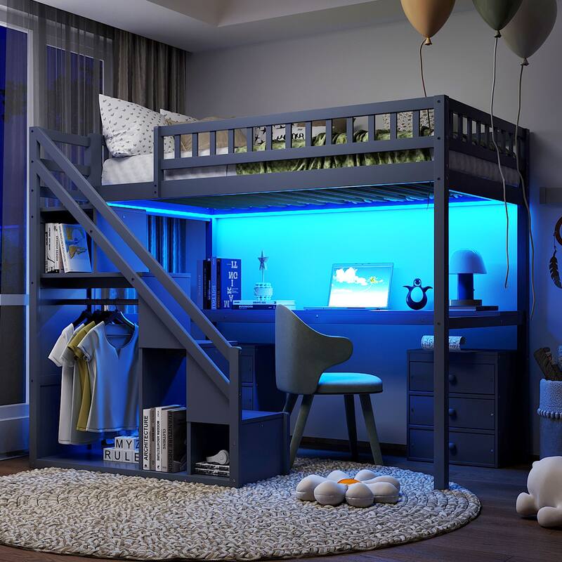 Twin Size Loft Bed with Two Chest of Drawers, Desk and Light Strip, Gray