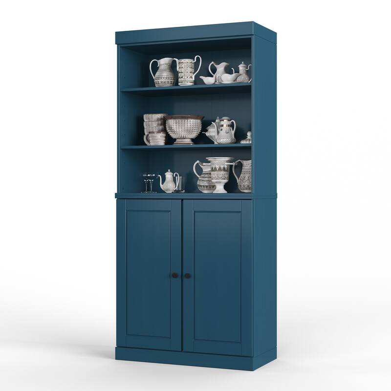 100% Solid Wood Kitchen Pantry Cabinet with 2 Clear Glass or Solid Wood Doors and 2-Drawer Organizer by Palace Imports