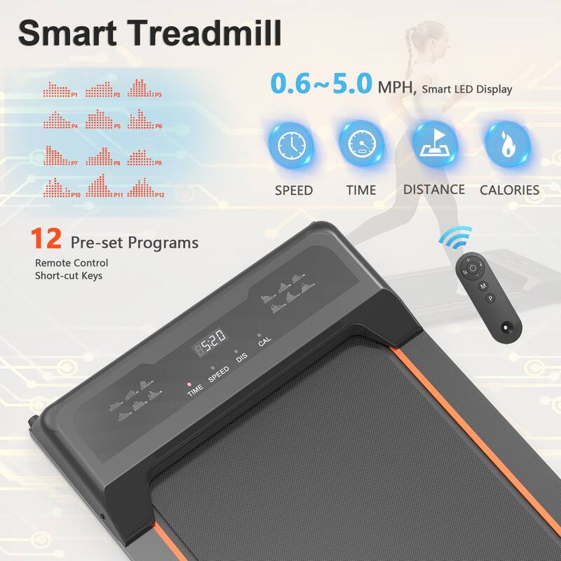 Portable Walking Pad Treadmill Under Desk Jogging Treadmill with 12 Program & Shock-Absorbing, Smart Treadmill w/Remote Control