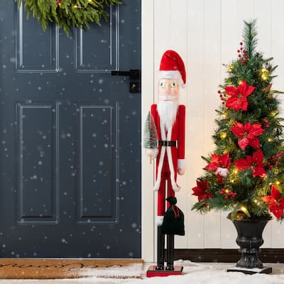 Glitzhome 42"H Wooden Santa Claus with Christmas Tree Nutcracker Figurine