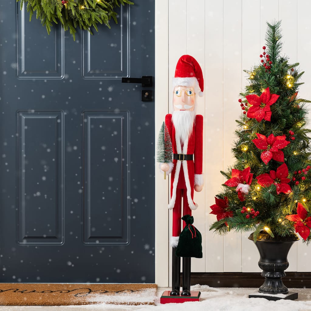 Glitzhome 42"H Wooden Santa Claus with Christmas Tree Nutcracker Figurine