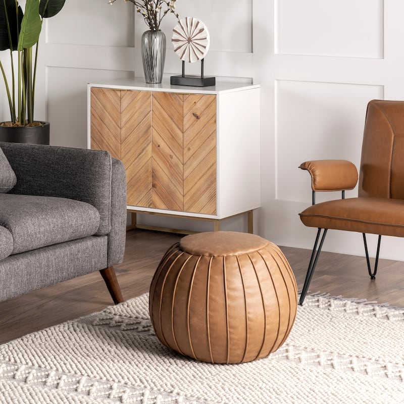 Nuloom Faux Leather Round Filled Ottoman Pouf - 24"W x 16"H x 24"D - Brown