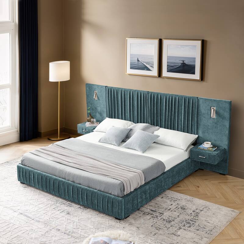Pleating Upholstered Bed Platform Bed Frame with Enlarged Widened Headboard and Integrated Bedside Table Adjustable Bedside Lamp