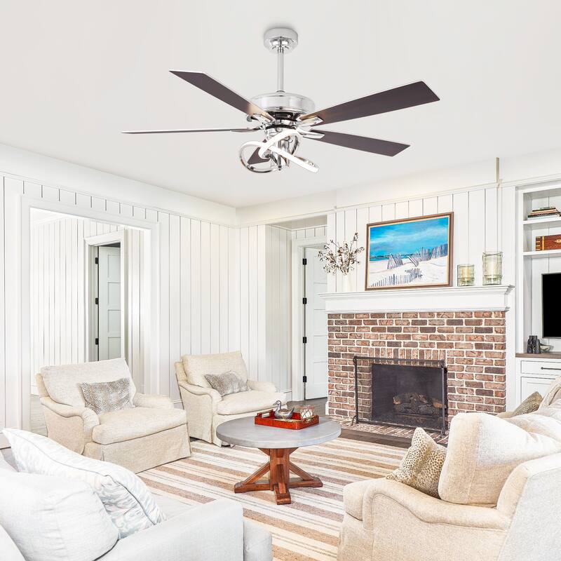 52" Chrome Modern Plywood 5-Blade Ceiling Fan with LED Light and Remote - 52 in. D x 52 in. W x 15.25 in. H