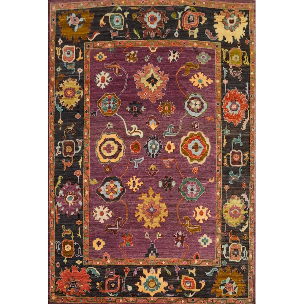 Vegetable Dye Wool Oushak Turkish Area Rug, Floral Geometric Carpet - 11' 8'' X 8' 11''
