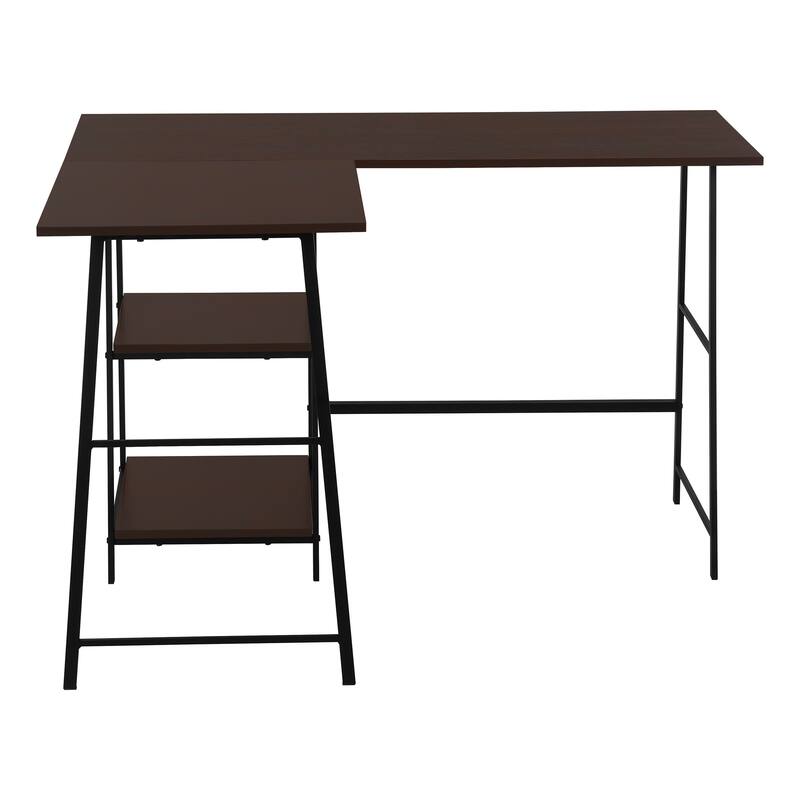 Industrial Corner Computer Desk with Storage Shelves and Metal Sawhorse Legs