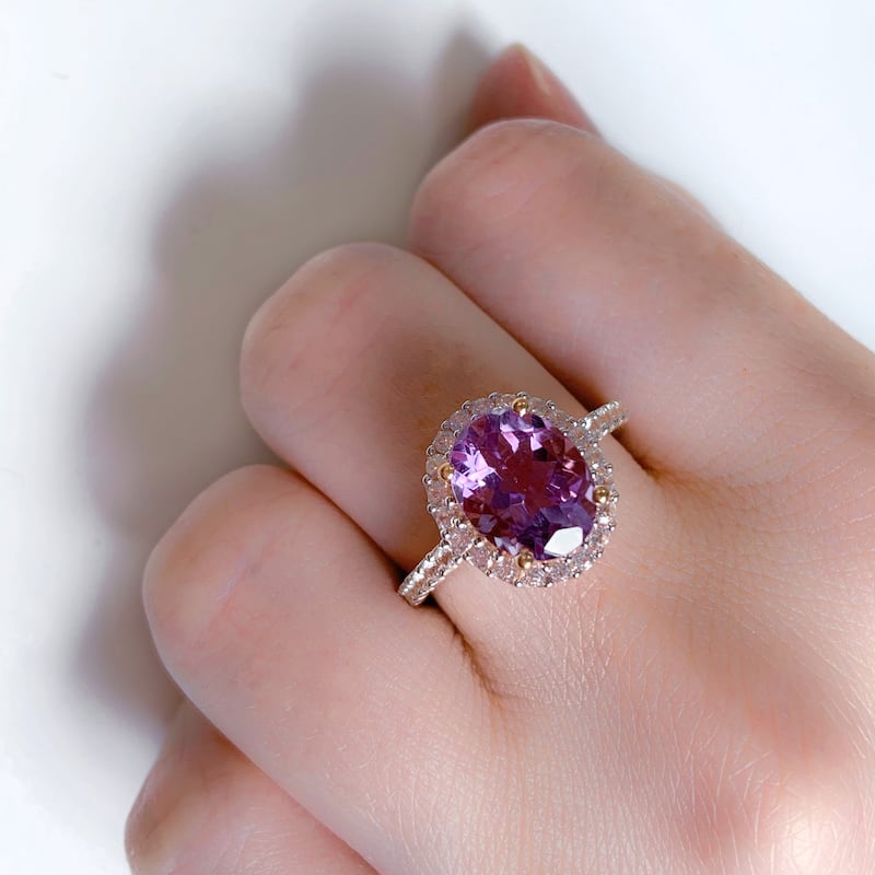 Oval-cut Amethyst and Created White Sapphire Halo Engagement Ring in 10k White Gold by Miadora