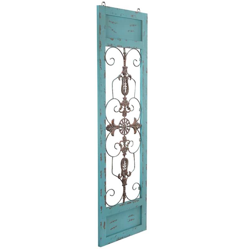Wood Scroll Arabesque Wall Decor with Metal Fleur De Lis Relief - Teal - Roche River Decor