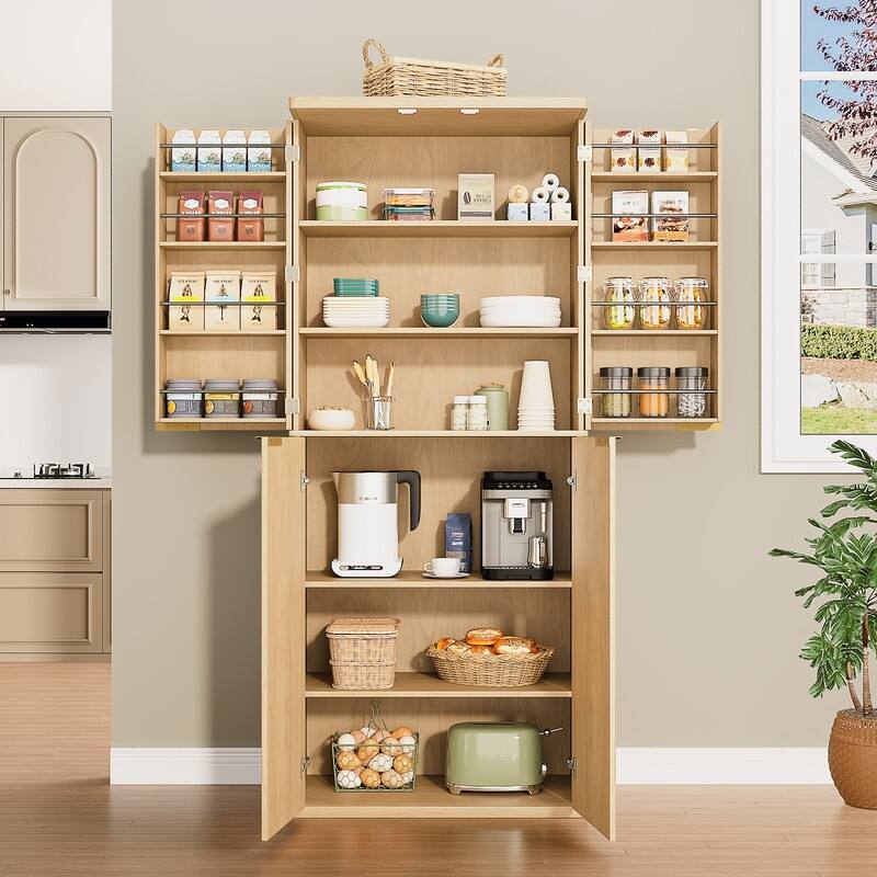 Modern 72"H Fluted Wood Kitchen Pantry Cabinet with 6 Shelves for Versatile Storage Solutions