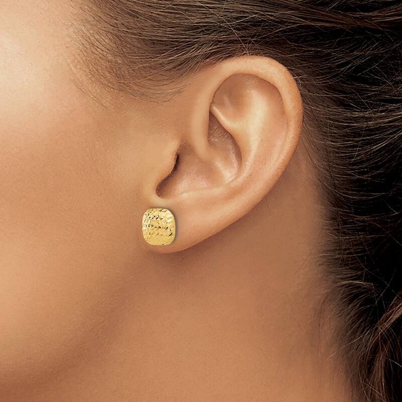 Curata 14k Yellow Gold Polished and Sparkle Cut Puffed Square Post Earrings - 10.1x10.1mm