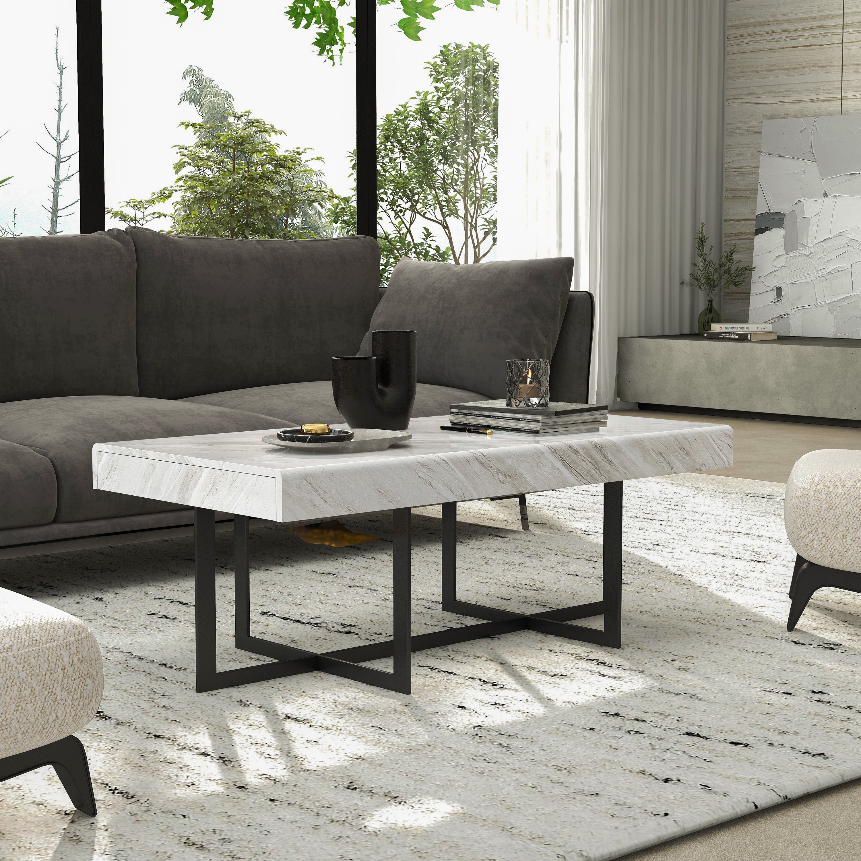 Furniture of America Granala Contemporary Grey 47-inch Faux Marble Coffee Table with Drawers