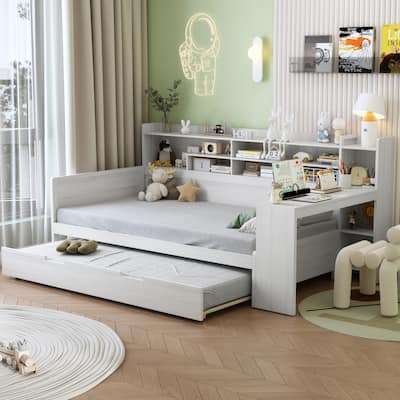 Roomfitters Wooden Twin/Full Size Daybed with Storage Shelves, Multi-functional Bed with Twin Size Trundle Bed and Study Desk