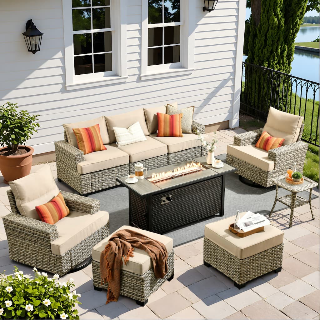 XIZZI 9-Piece Outdoor Patio Furniture Swivel Chair Set with Fire Pit
