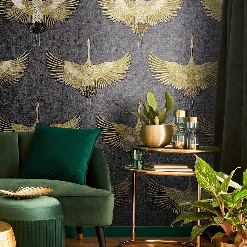 Galerie Wallcoverings Kumano Textured Stork Design Vinyl on Non-woven Pearlescent Wallpaper Roll