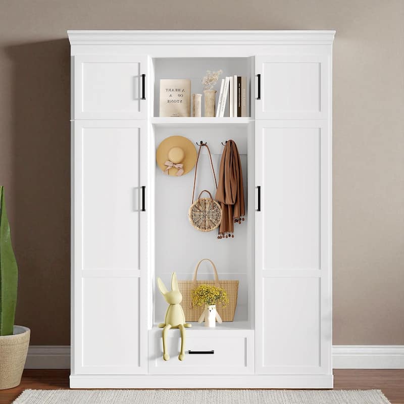 85.2 in Hall Tree with Bench & 3 Hooks, Entryway Cabinet with 4 Doors, 1 Drawer, Adjustable Shelves, 63 in Wide - White