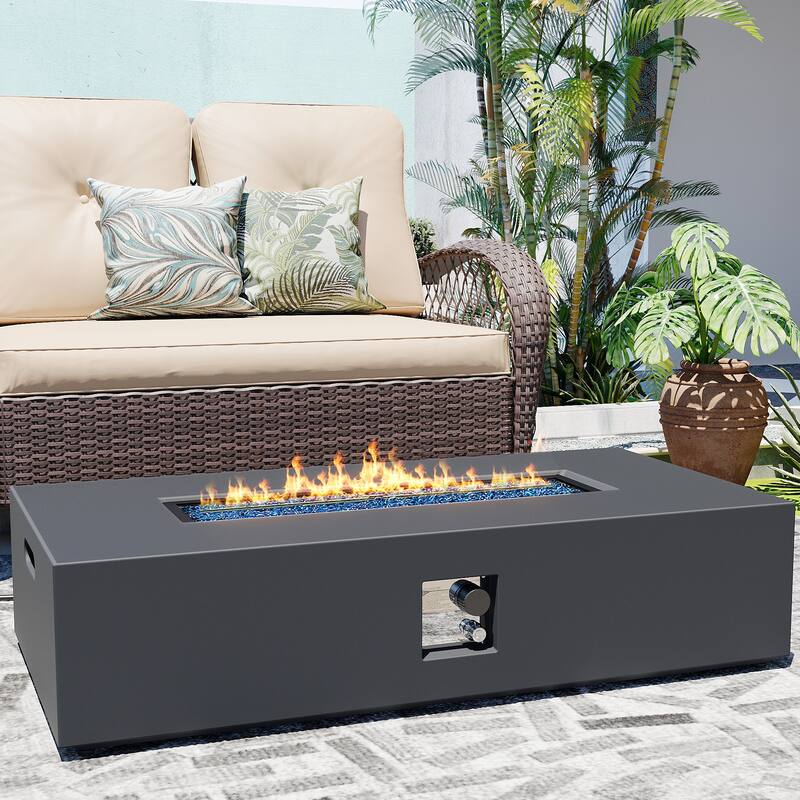 Patio Watcher Outdoor 56in. Rectangular Iron Fire Pit Table with Propane Tank Cover