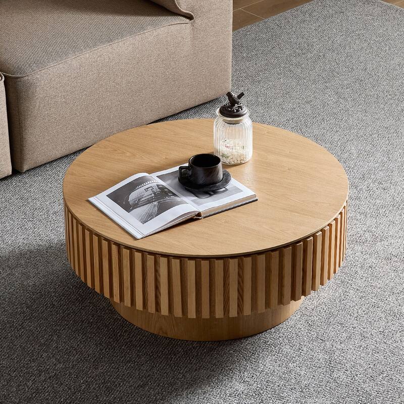 31.5" Round Wood Coffee Table with Storage, Modern Handcraft Drum Coffee Table, Stylish Circle Wooden Center Table