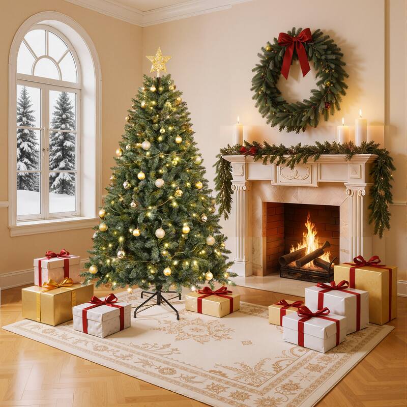 6FT Christmas Tree with 250 Warm White LED Lights - 1000 PVC & Hard Needle Tips, Hinged Branch Design, Sturdy Metal Stand