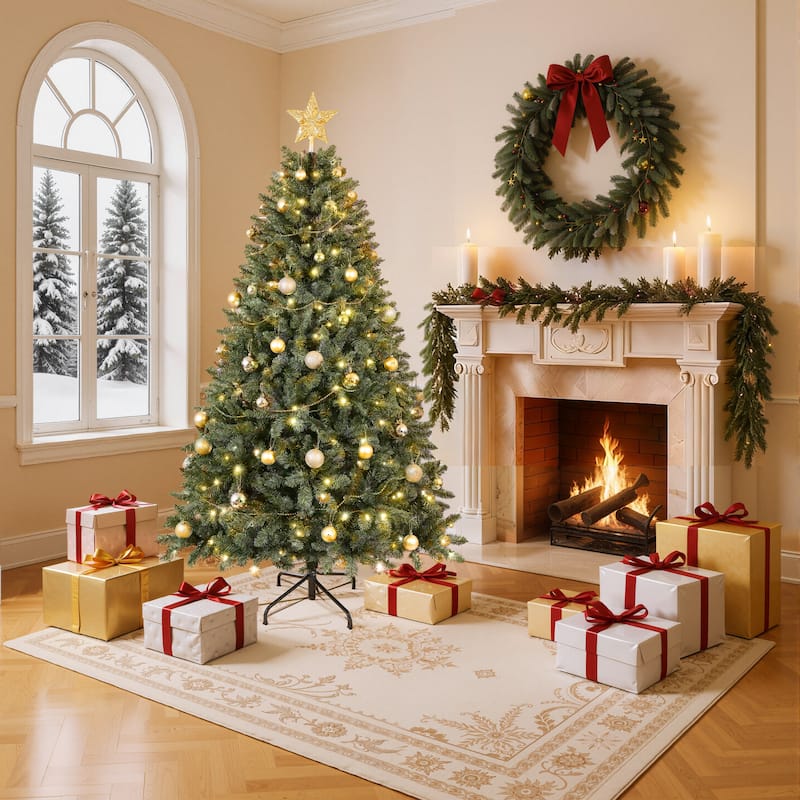Christopher Knight Home - Evergreen Glow Modern Pre-Lit Artificial Christmas Tree with LED Lights and Hinged Branch Design