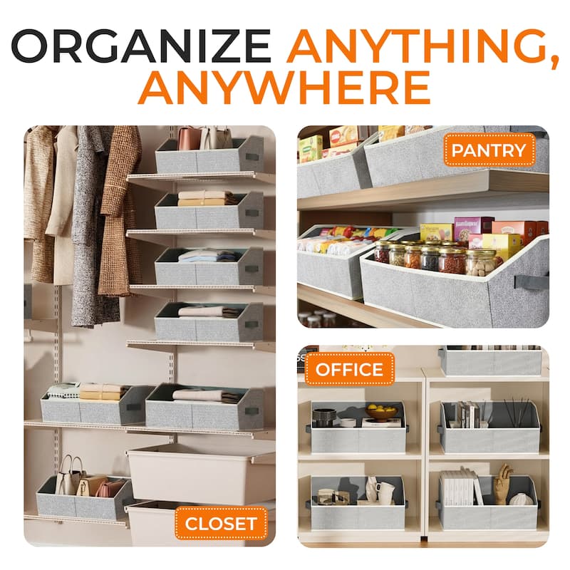 Cheer Collection 6 Pack Trapezoid Shelf Organizer Bins with Handles Light Gray