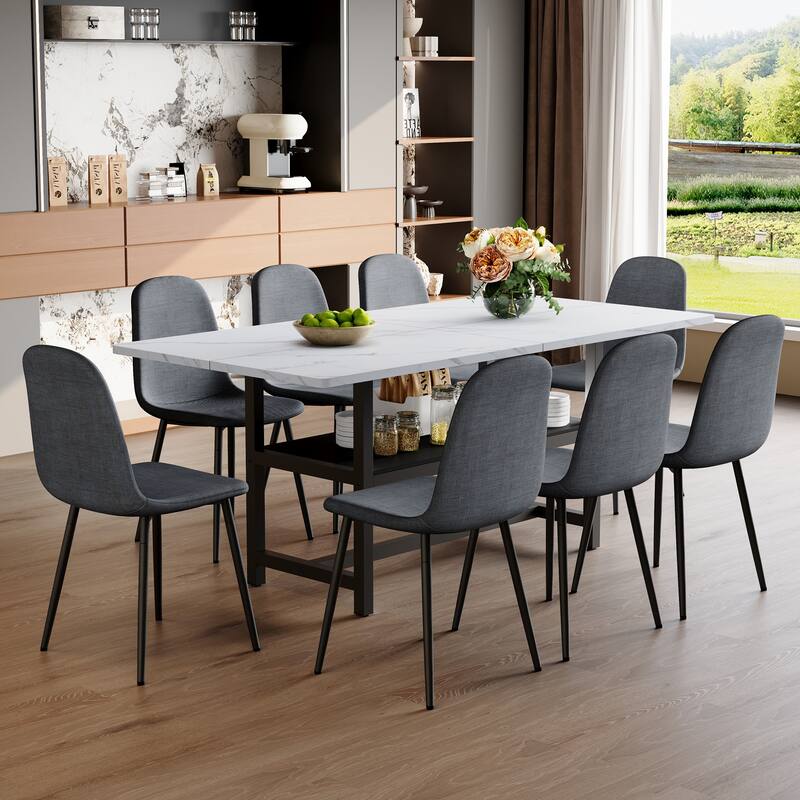 9-Piece Modern Dining Table Set with Storage, 71x35.4 Inch Wood Grain Table & 8 High-Resilience Fabric Chairs