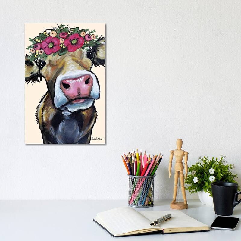 iCanvas "Hazel The Cow Flower Crown On Cream" by Hippie Hound Studios Canvas Print - 12x8x0.75
