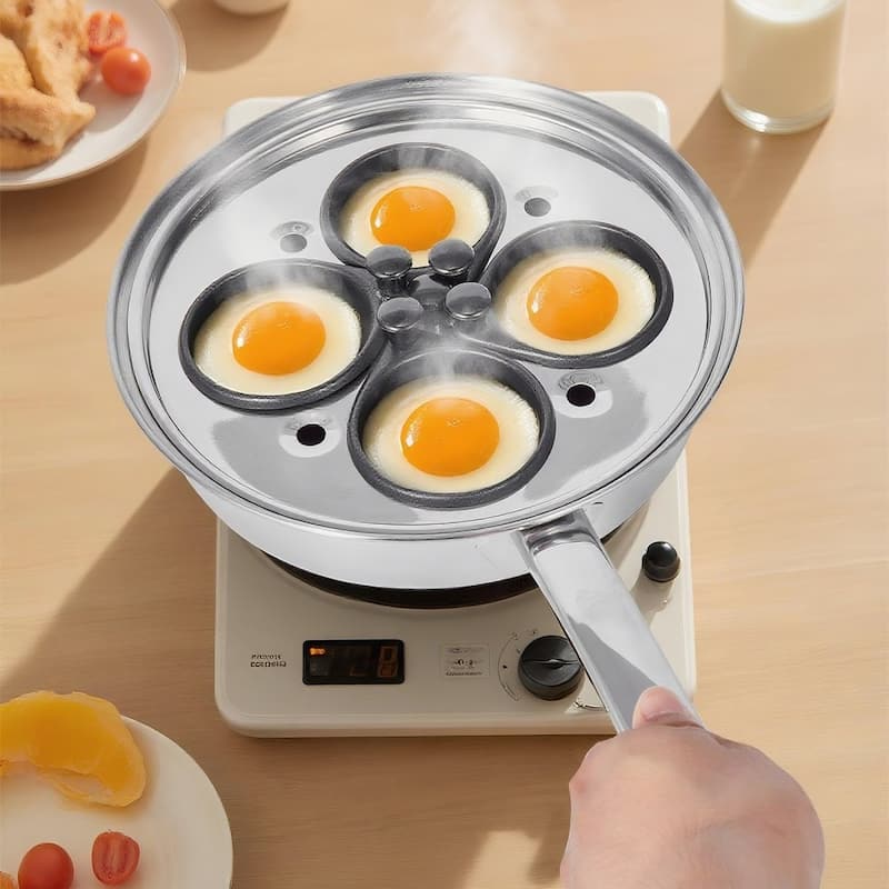 Silver Stainless Steel Egg Poacher Pan with 4 Cups and Glass Lid - 14.69 x 8.86 x 4.33 in