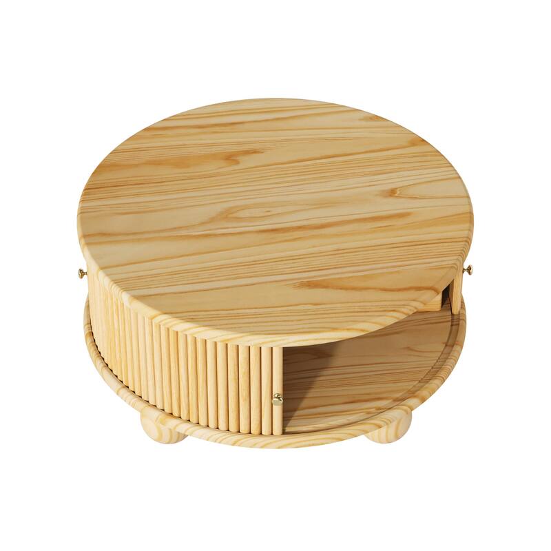 Round Fluted Coffee Table with Storage, Pine Solid Wood, Sliding Door