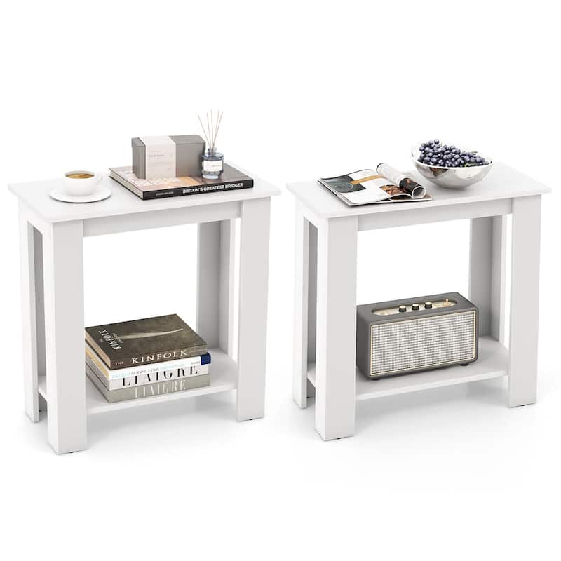 Gymax 2 PCS 2-Tier End Table Modern Sofa Bedside Compact Nightstand - White - Wood