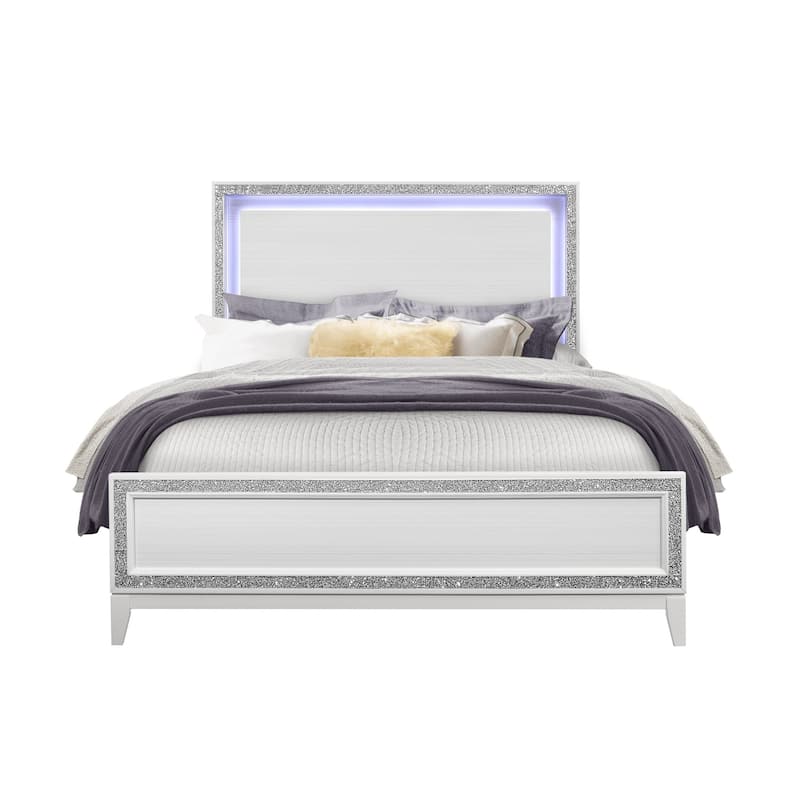 HomeRoots Silver and White Faux Crystal Bling Wood Lighted Full Bed Frame