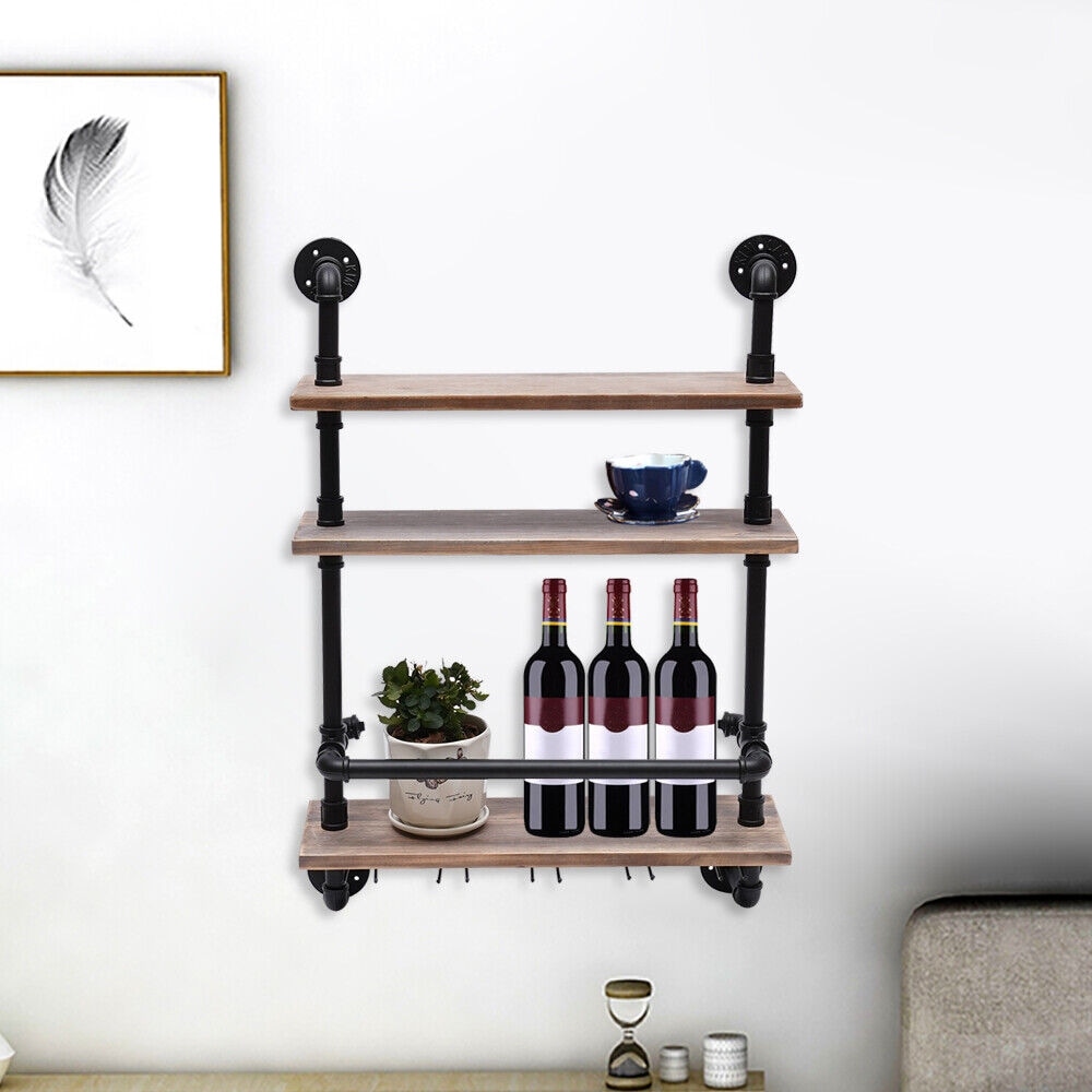 Wall Bar Shelves Industrial Pipe Shelving with 4 Stem Glass Holder, 4-Tiers  Rustic Floating Wine