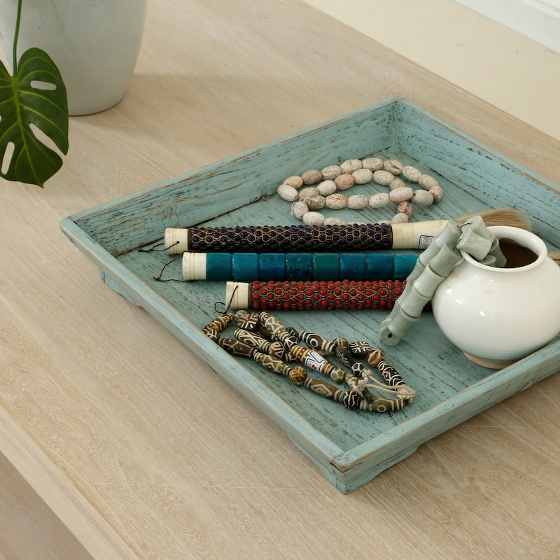 Artissance 28" Reclaimed Wood Tray With Weathered Soft Aqua Wash