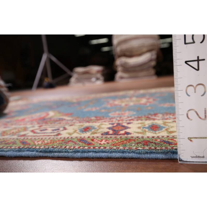 Blue Geometric Kazak Oriental Foyer Rug Handmade Wool Carpet - 2'11" x 4'11"